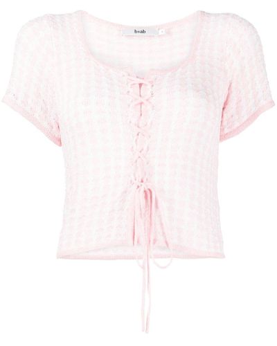 B+ AB Checked Lace-up Knitted Top - Pink