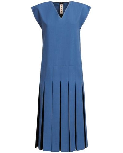 Marni Pleated Twill Midi Dress - Blue