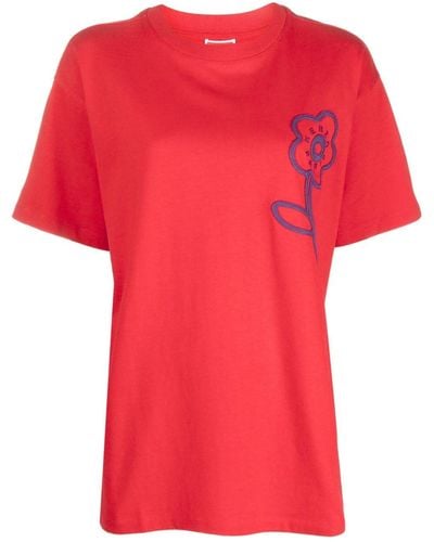 KENZO T-shirt en coton à fleurs brodées - Rouge