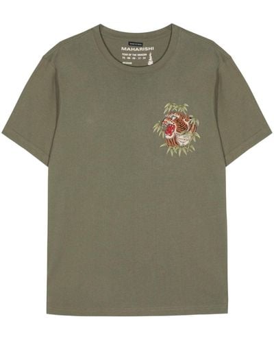 Maharishi Tiger-embroidered Cotton T-shirt - Green