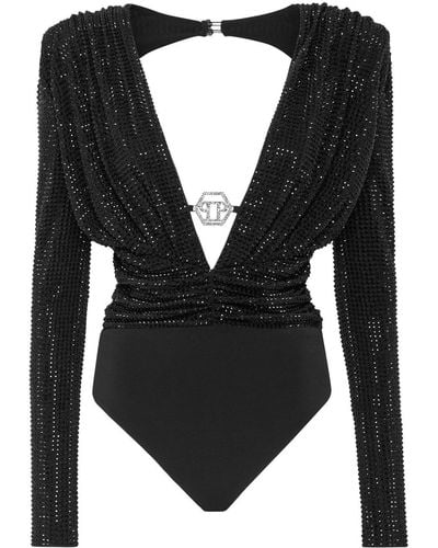 Philipp Plein Rhinestone-embellished V-neck Bodysuit - Black