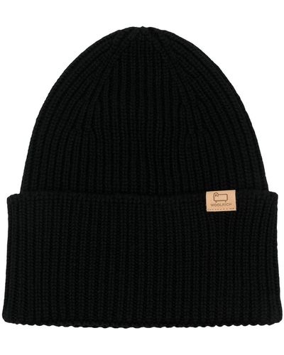 Woolrich Logo-patch Ribbed-knit Beanie - Black
