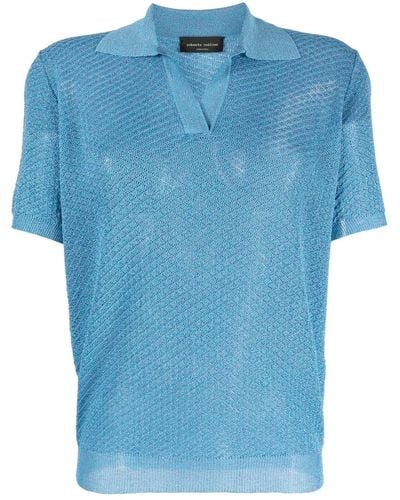 Roberto Collina スプレッドカラー ニットポロシャツ - ブルー