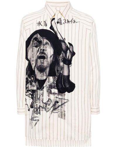 Yohji Yamamoto Gestreiftes Hemd mit Porträt-Print - Weiß