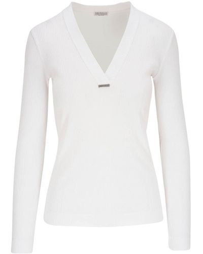 Brunello Cucinelli V-neck Cotton Knitted Top - White