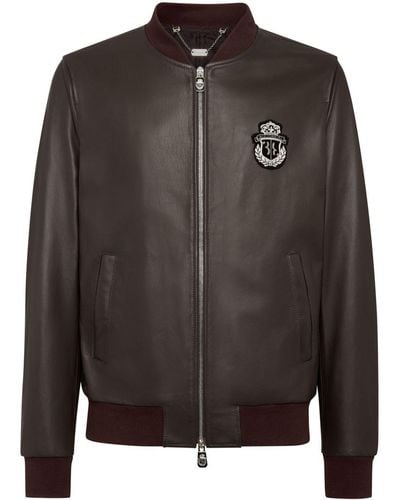 Billionaire Logo-patch leather bomber jacket - Nero