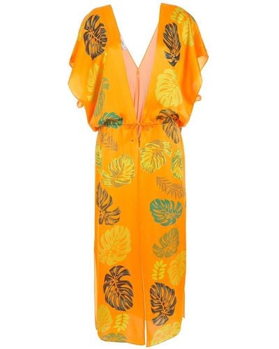 Amir Slama Palm Leaf Print Beach Dress - Orange