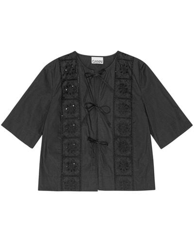 Ganni Embroidered Short-sleeve Shirt - Black