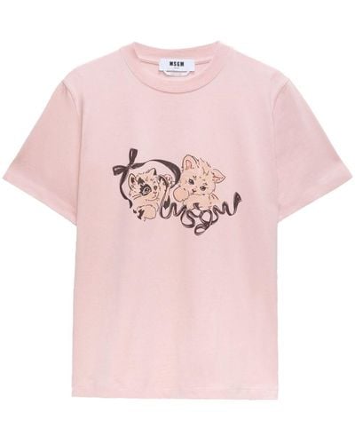 MSGM Cat-print Cotton T-shirt - Pink