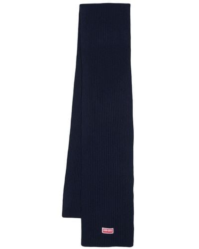 KENZO Logo-patch Ribbed-knit Scarf - Blue