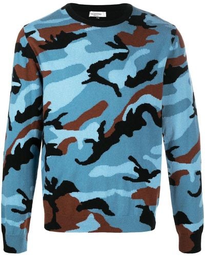 Valentino Garavani Intarsia-knit Camouflage Cashmere Sweater - Blue