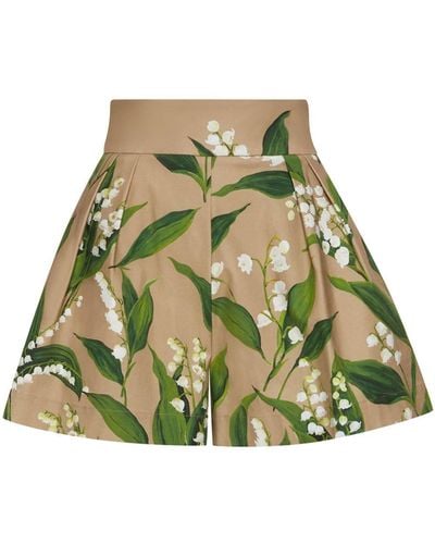Oscar de la Renta Floral-print Pleated Twill Shorts - Green