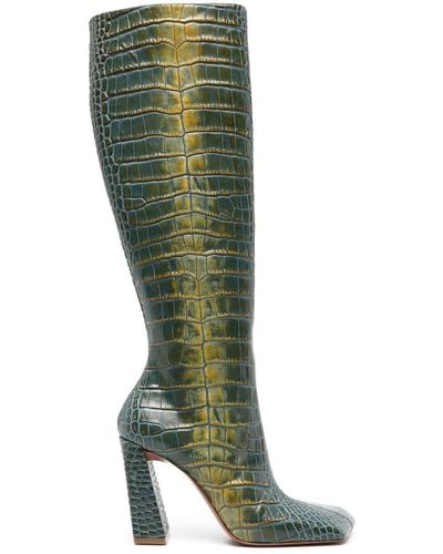 AMINA MUADDI Marine kniehohe Stiefel mit Kroko-Optik 95mm - Grün
