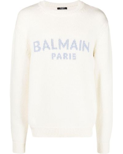 Balmain Intarsien-Pullover mit Logo - Weiß