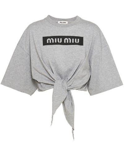 Miu Miu Cropped-T-Shirt mit Logo-Print - Grau