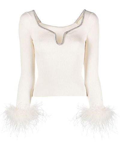 Self-Portrait Feather-cuffs Ribbed-knit Top - White