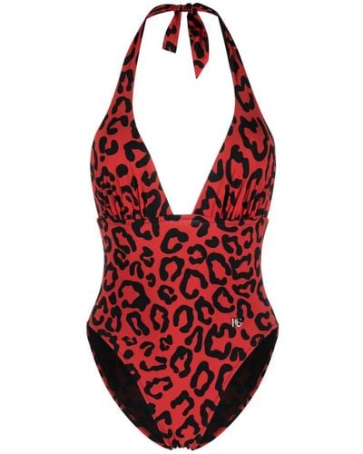 Dolce & Gabbana Leopard-print Halterneck One-piece - Red