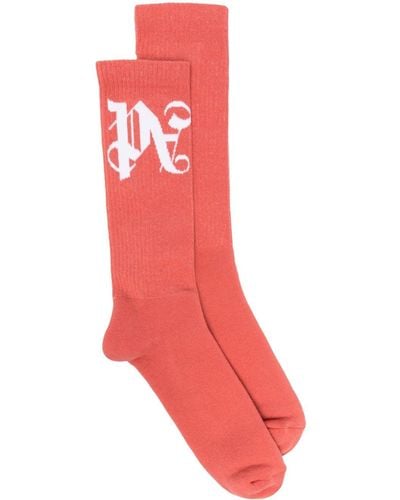 Palm Angels Monogram-intarsia Ribbed Socks - Red