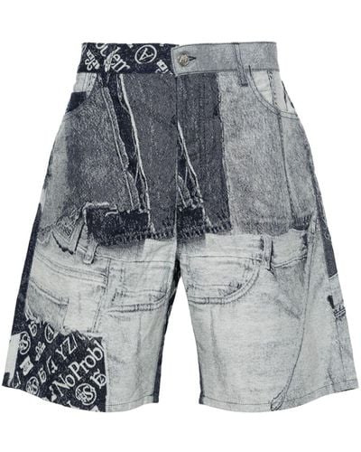 Aries Jacquard-patchwork Denim Shorts - Grey