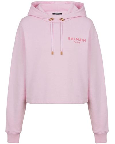 Balmain Flocked-logo Cotton Hoodie - Pink