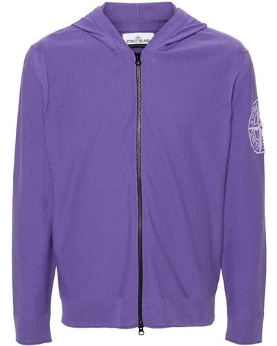Stone Island Compass-embroidered Hooded Cardigan - Purple
