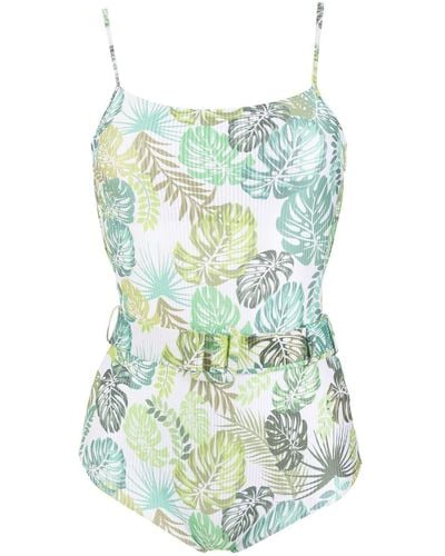 Amir Slama Palm Leaf Print Belted Swimsuit - Green