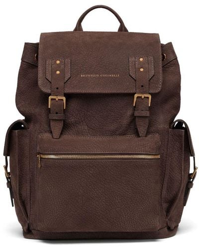 Brunello Cucinelli Logo-stamp Leather Backpack - Brown