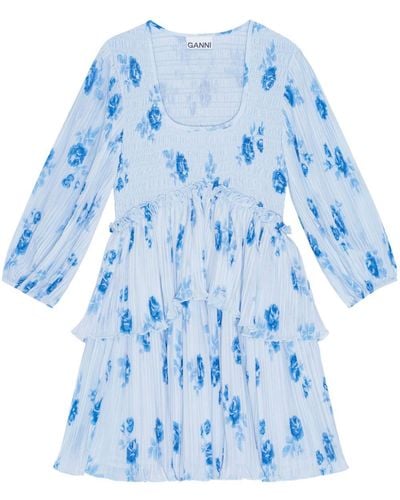 Ganni Floral-print Pleated Minidress - Blue
