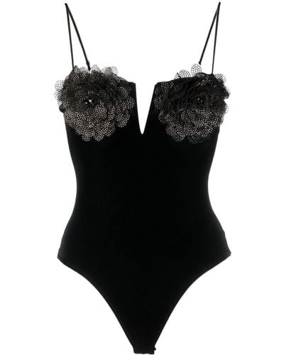 Nissa Floral-appliqué Velvet Bodysuit - Black