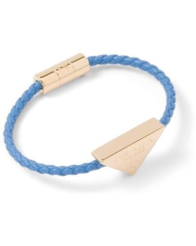 Prada Triangle-logo Braided Leather Bracelet - Blue