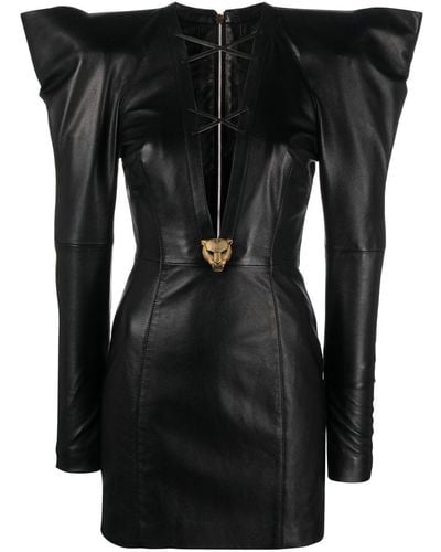 Roberto Cavalli Pointed Shoulders Leather Mini Dress - Black