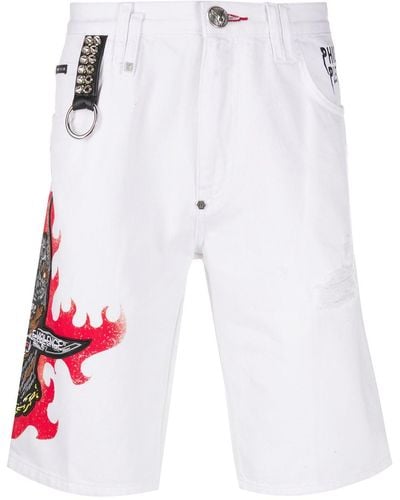 Philipp Plein Denim Embroidered Dog Shorts - White