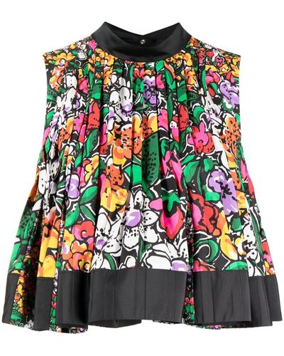 Sacai Floral-print Pleated Sleeveless Blouse - Red
