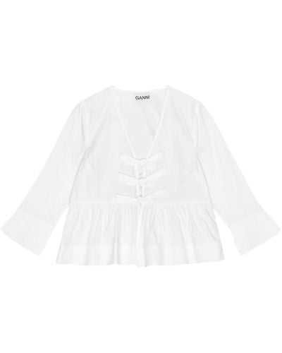 Ganni Bio-Baumwoll-Bluse mit Schleifenverschluss - Weiß