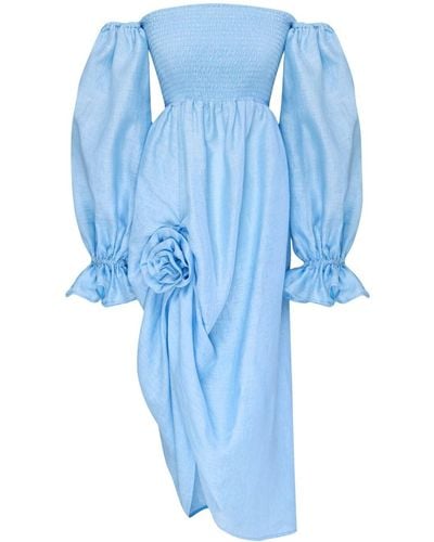 Sleeper Atlanta Rose-appliqué Linen Dress - Blue