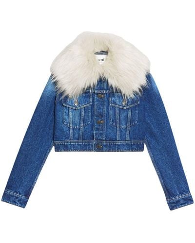 Ami Paris Furry Collar Denim Jacket - Blue