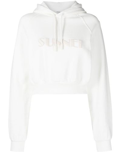 Sunnei Cropped Logo-print Cotton Hoodie - White