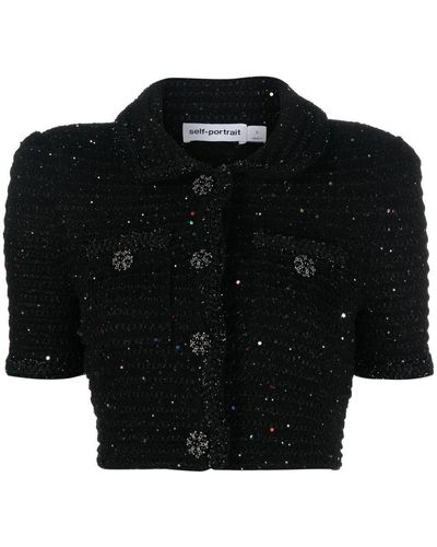 Self-Portrait Sequin Knitted Polo Shirt - Black