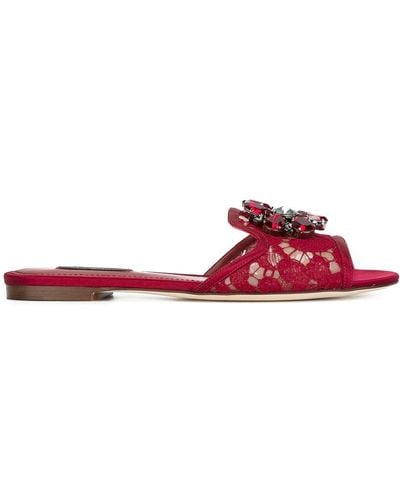 Dolce & Gabbana Slippers In Pizzo Con Cristalli - Rosso