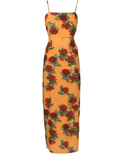 Amir Slama Rose-pattern Silk Midi Dress - Orange