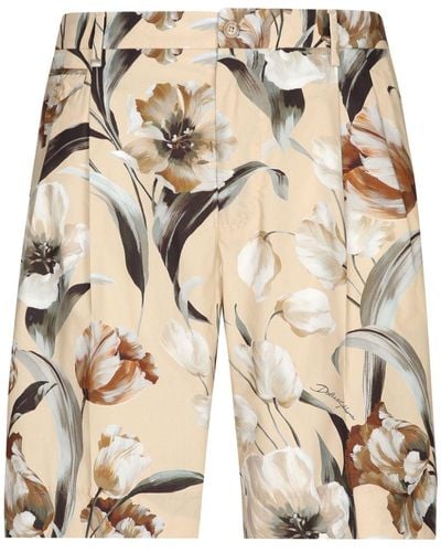 Dolce & Gabbana Floral-print Silk Bermuda Shorts - Natural