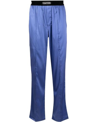 Tom Ford Pantalon en soie à taille à logo - Bleu