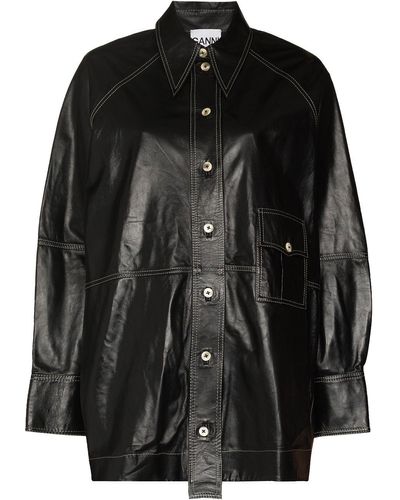 Ganni Contrast-stitch Leather Shirt - Black