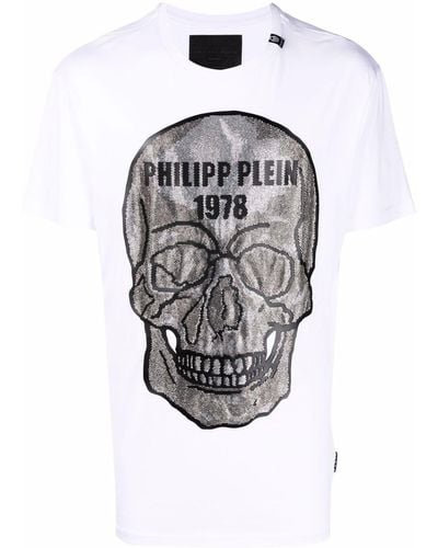 Philipp Plein T-shirt Met Doodskop Van Kristallen - Wit