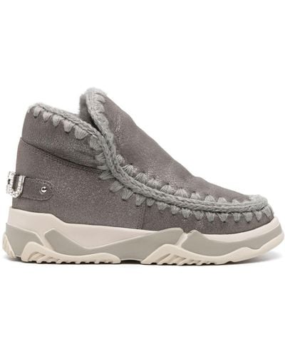 Mou Decorative-stitching Leather Boots - Grey