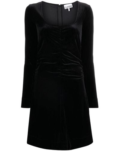 Ganni Ruched Velvet Minidress - Black