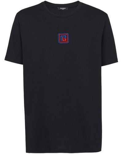 Balmain Camiseta con logo bordado y manga corta - Negro
