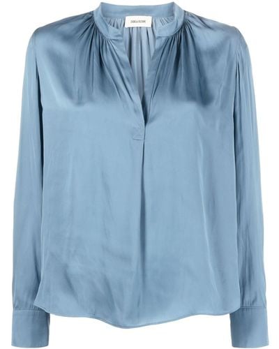 Zadig & Voltaire Tink Band-collar Satin-finish Blouse - Blue