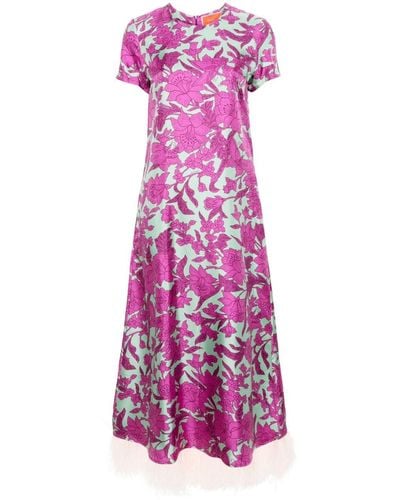 La DoubleJ Swing Feather-trimmed Floral-print Silk-twill Maxi Dress - Purple