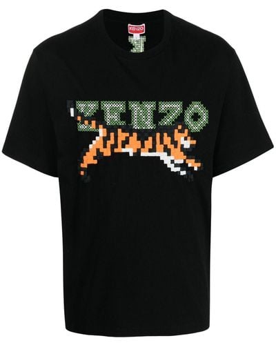 KENZO T-shirt in jersey di cotone con logo ricamato - Nero